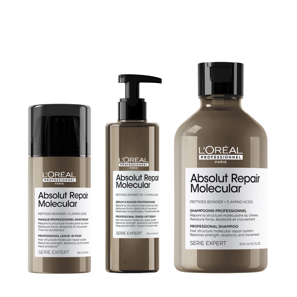 La routine Absolut Repair Molecular contient les trois produits essentiels pour réparer les cheveux en profondeur dès la première application